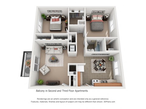 Floor plan for 2 beds, 1.5 baths, 1050 sqft
